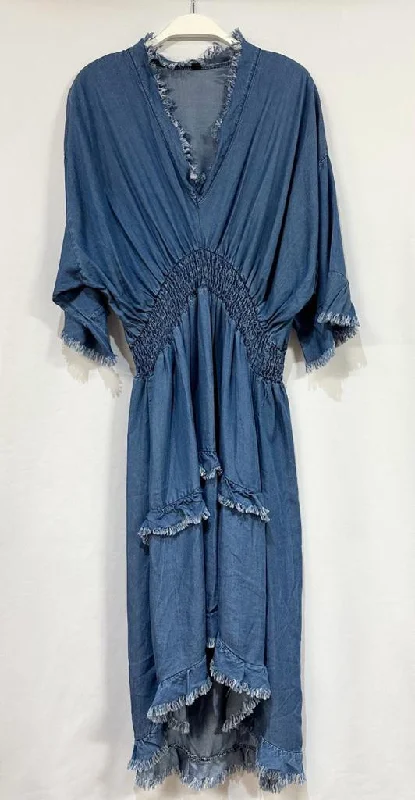 HI-LOW MAXI DRESS WITH RAW EDGES  IN DENIM