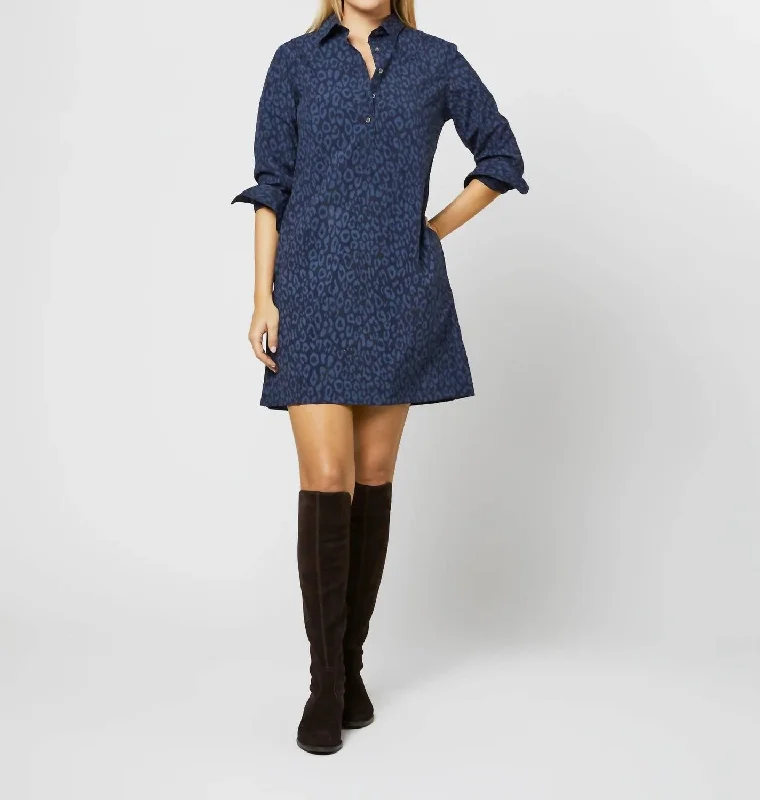 Long-Sleeved Popover Dress In Blue/navy Leopard Print