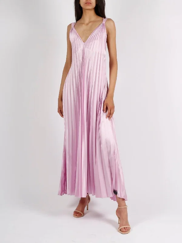 Long Pleated Satin Dress In Bubble Pink