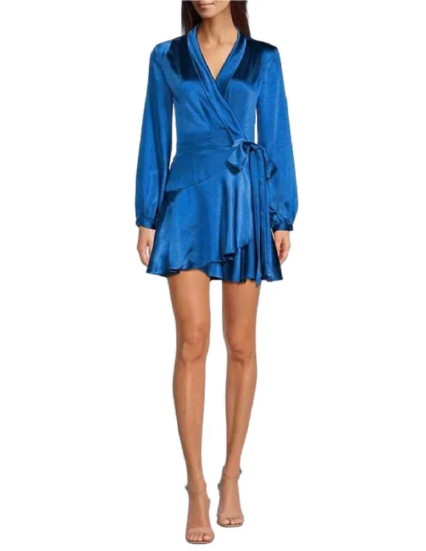 Surplice V-Neck Wrap Dress In Blue