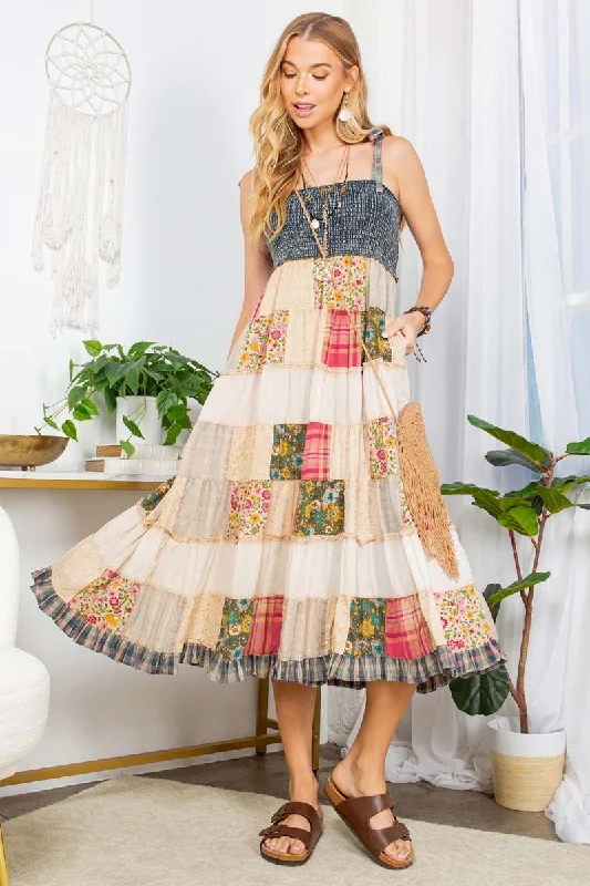 Boho Patchwork Smocked Sundress Denim