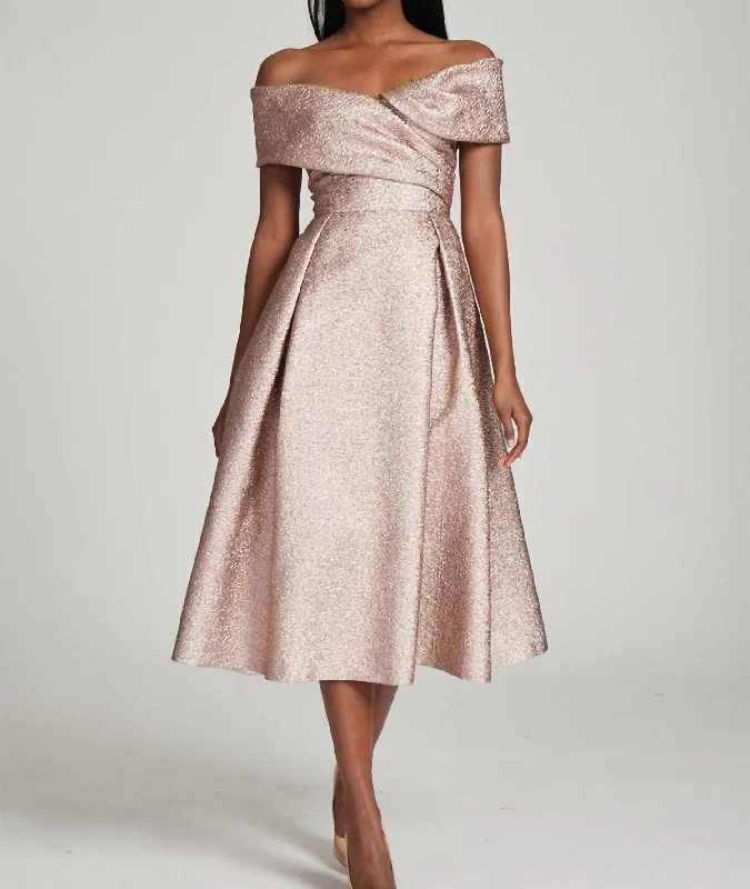 Off-The-Shoulder Jacquard Cocktail Dress In Rose Gold