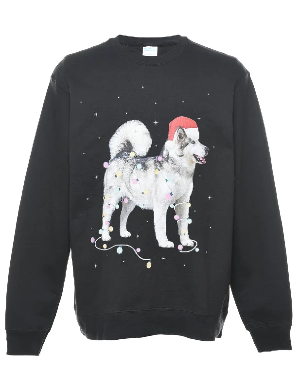 Black Dog Print Christmas Sweatshirt - L