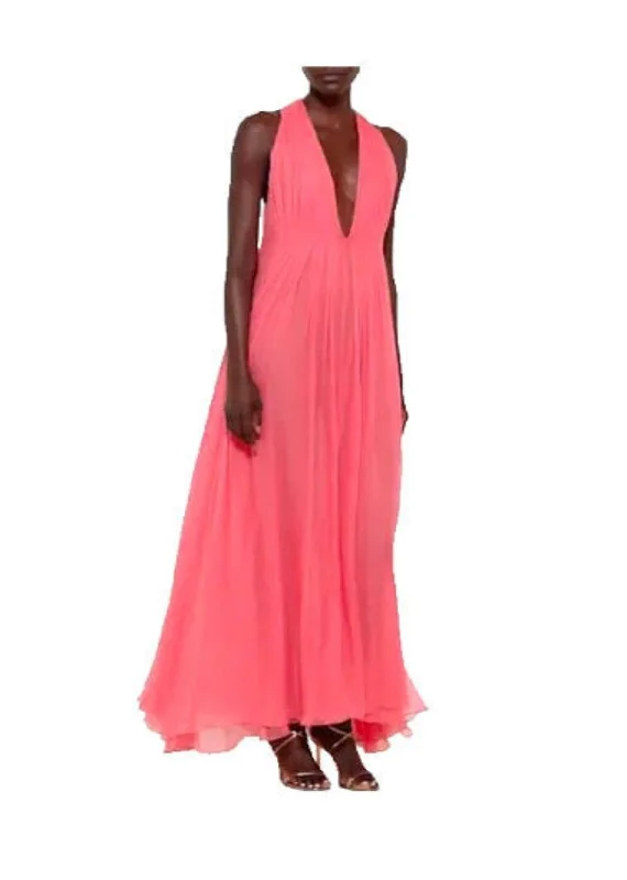 V-Neck Pleated Gown In Silk Chiffon