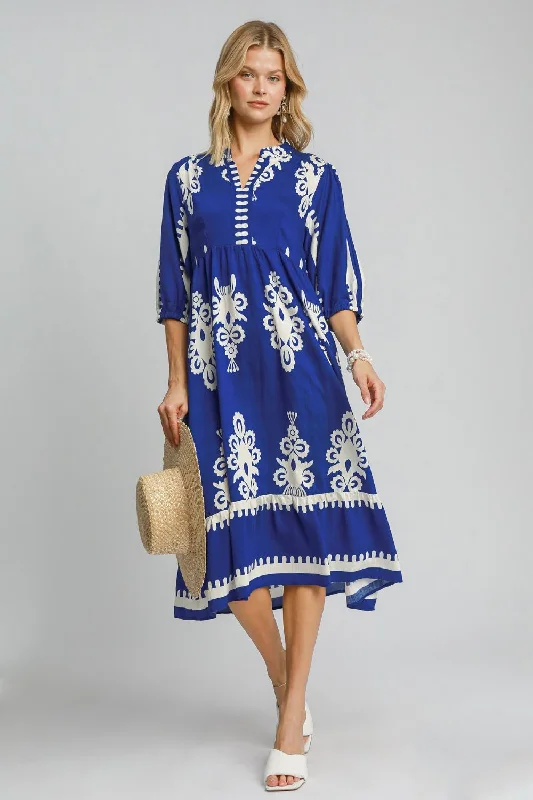 Umgee Printed Notched Midi Dress