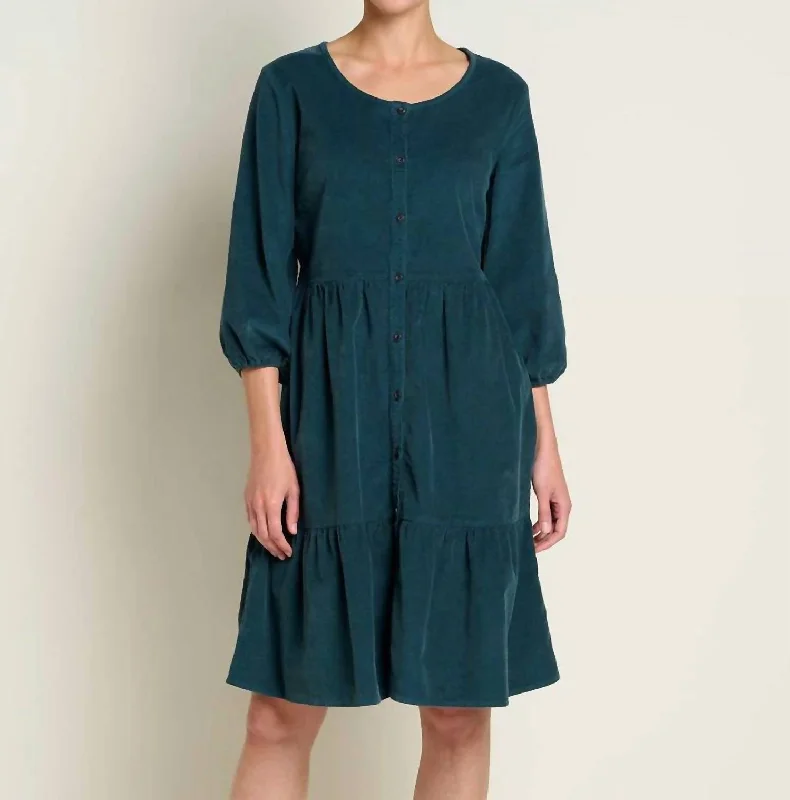 Scouter Cord Tiered Long Sleeve Dress In Midnight