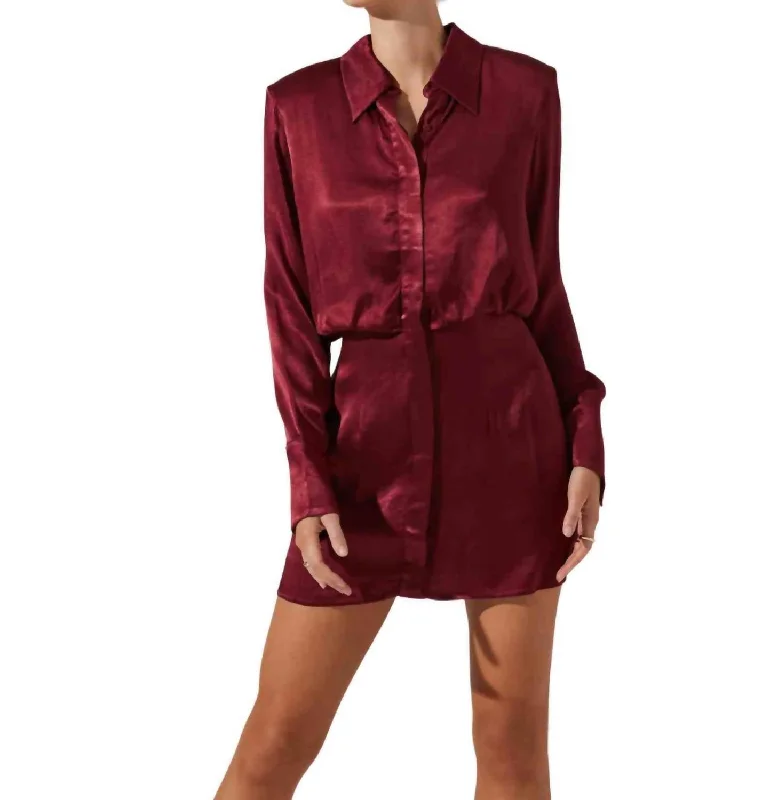 Ruth Satin Shirt Mini Dress In Wine