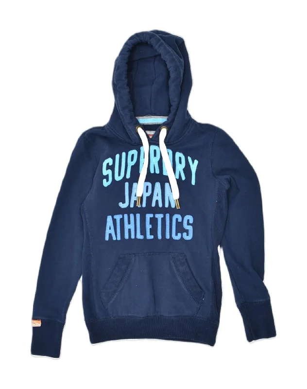 SUPERDRY Womens Graphic Hoodie Jumper UK 6 XS Navy Blue Cotton