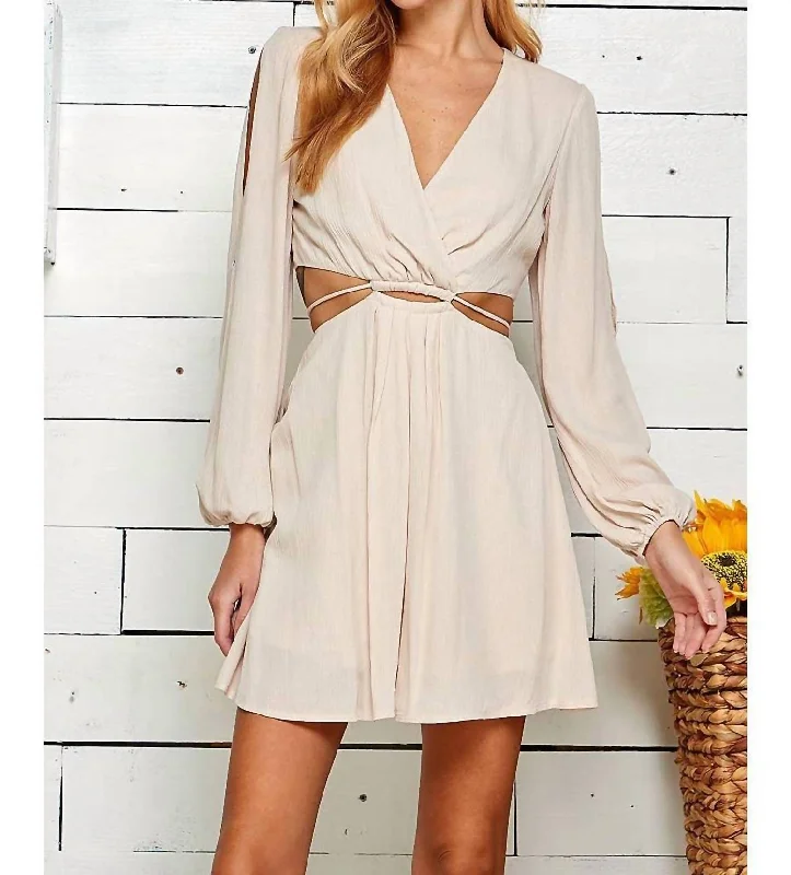 Cutout Open Sleeve V-Neck Dress In Nude