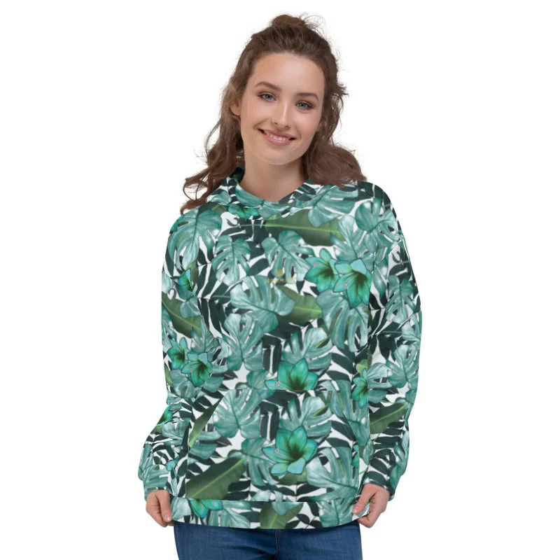 Green Tropical Women's Hoodies, Leaf Print Unisex Sweatshirt Pullover Top- Made in EU