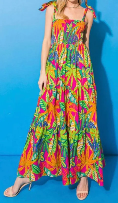 Palm Print Maxi Dress In Fuchsia