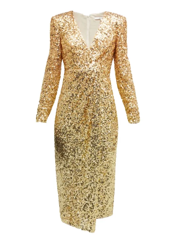 Draped Sequin Midi Dress In Gold