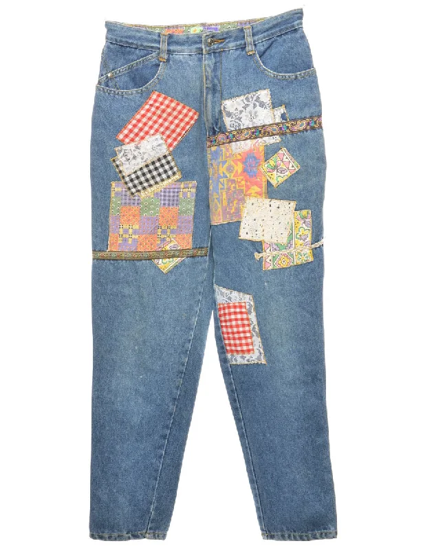 Light Wash Patchwork Applique Tapered Jeans - W28 L28