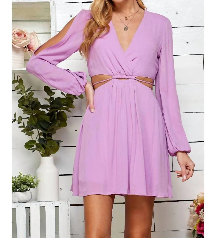 Cutout Open Sleeve V-Neck Dress In Lavender