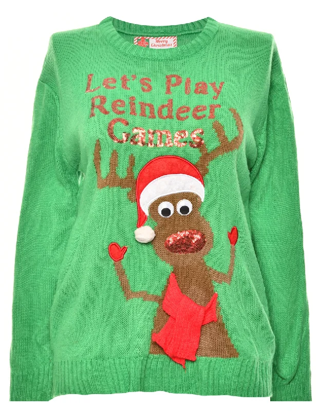 Festive Print Green Reindeer Christmas Jumper - S