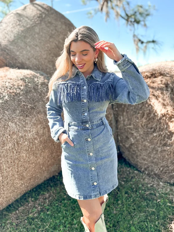 Studded Fringe Western Denim Dress