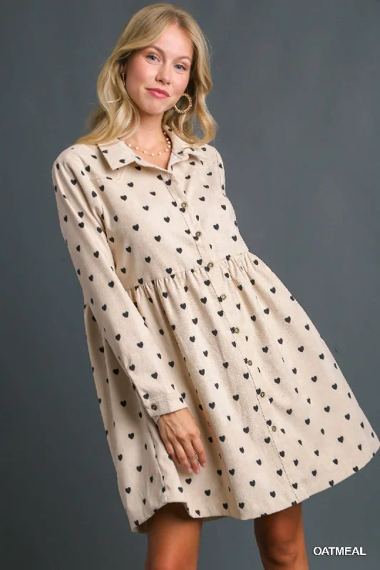 Heart Dot Corduroy Button Up Dress