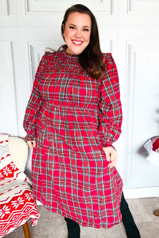 All I Want Hunter Red Plaid Check Woven Pocketed Dress