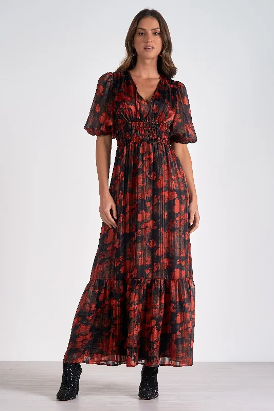 ELAN  Maxi 3/4 Slv Vnk Midi IN RED FLORAL