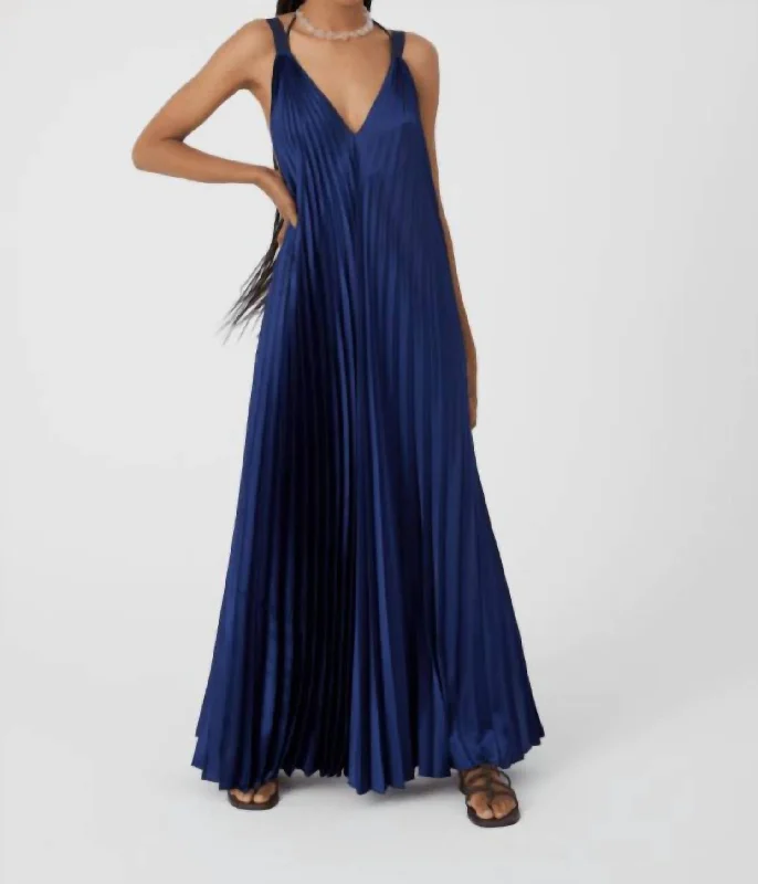 Long Pleated Satin Dress In Dark Indigo