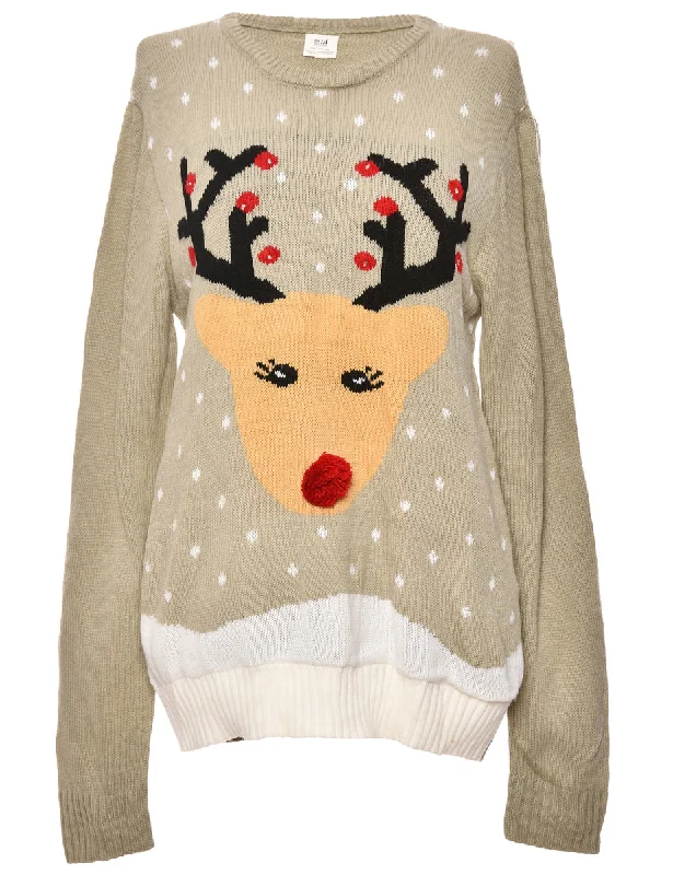 Festive Print Reindeer Christmas Jumper - S