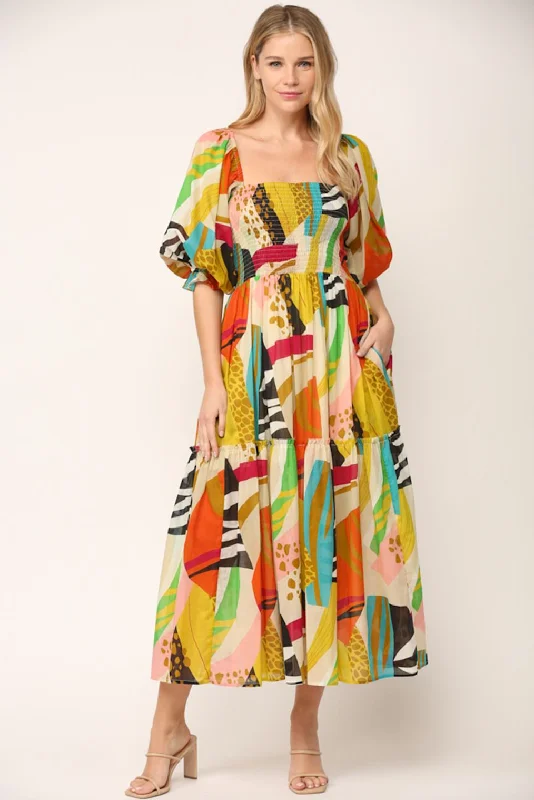 MULTI COLOR SMOCKED BODICE MAXI DRES