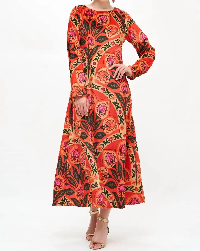 Long Sleeve Shift Maxi Dress In Positano Red