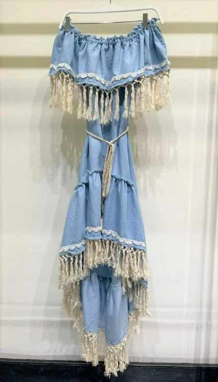 BOHEMIAN OFF SHOULDER HI LO DRESS TASSEL EDGE