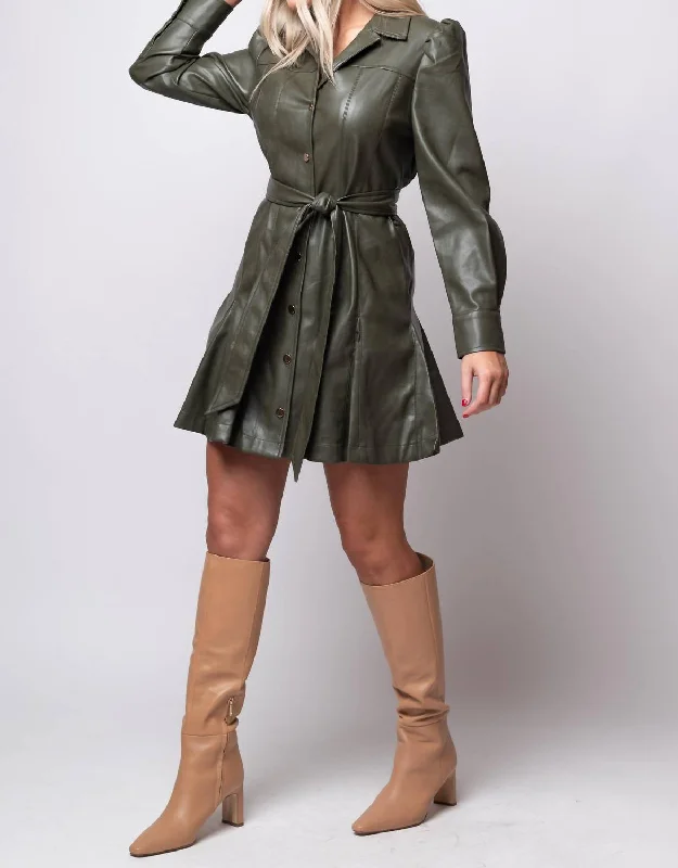 Puff Shoulder Belted Dress In Army