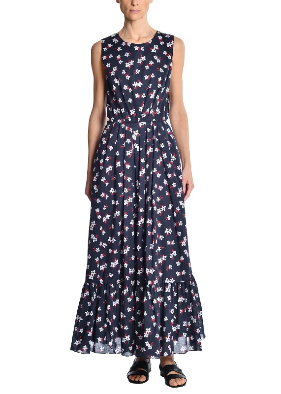 Sleeveless Pleated Waist Dress In Printed Voile