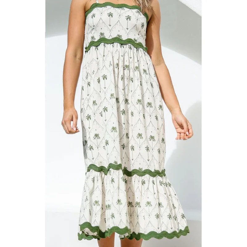 Dress Strappy - Green Palm Print