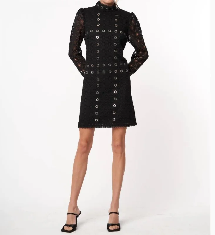 Estella Embellished Eyelet Lace Mini Dress In Black