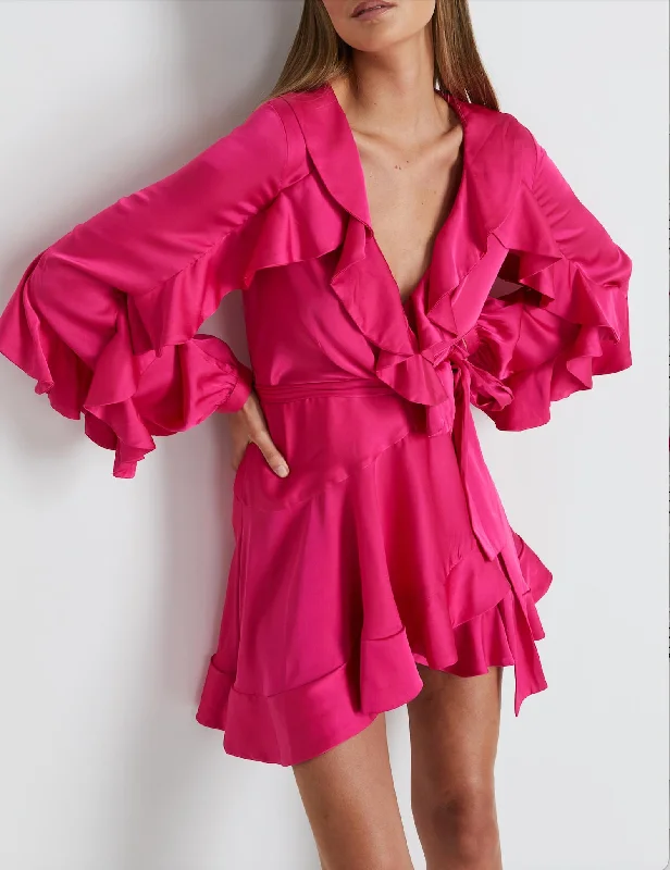 Ruffle Sleeve Mini Wrap Dress In Flamingo