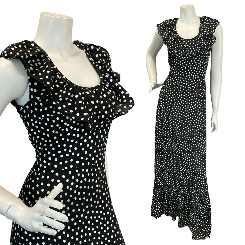 Extra Savings VTG VERA MONT POLKA DOT BLACK WHITE SLEEVELESS RUFFLE SUMMER MAXI DRESS 8 10
