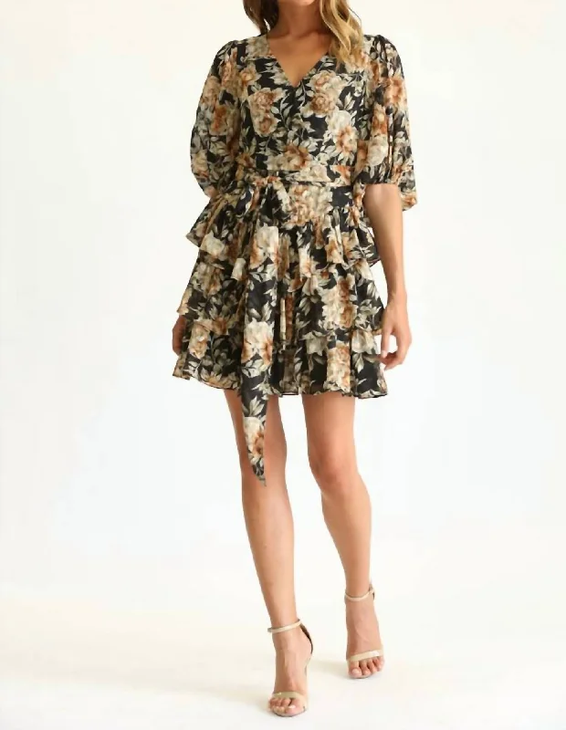 Floral Print Tiered Mini Dress In Black