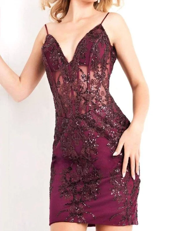 Illusion Embellished Corset Bodice Fitted Short Dress In Eggplant