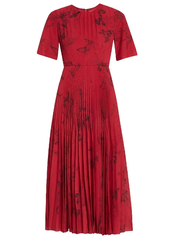 Printed Short Sleeve Midi Day Dress In Red