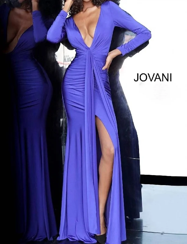 Long-Sleeve Ruched Evening Gown In Deep Royal