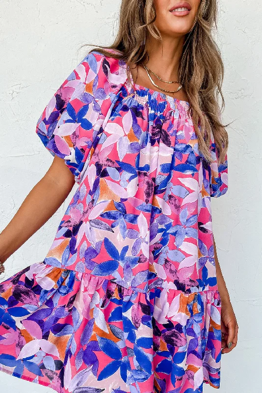 Purple Flower Print Short Puff Sleeve Ruffle Mini Dress