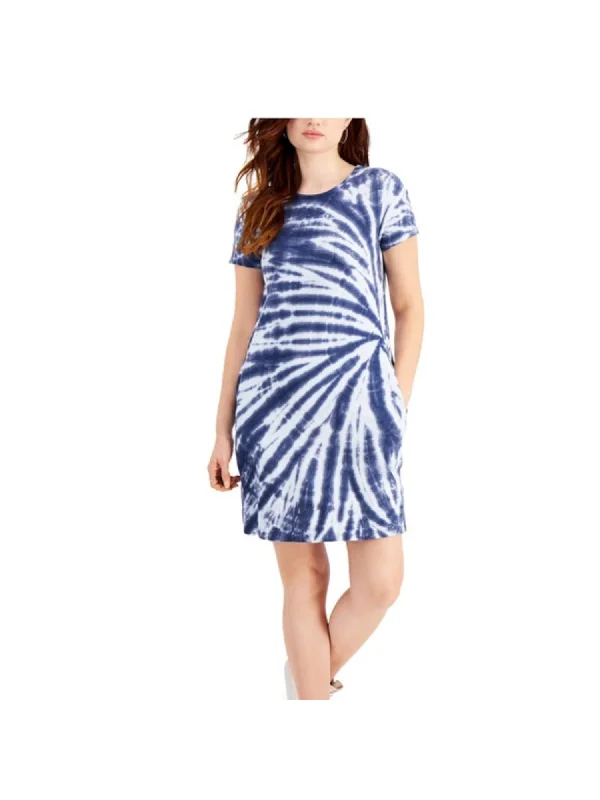 Unmissable Offer STYLE & COMPANY Womens Blue Pocketed Tie Dye Short Sleeve Crew Neck Short Shirt Dress