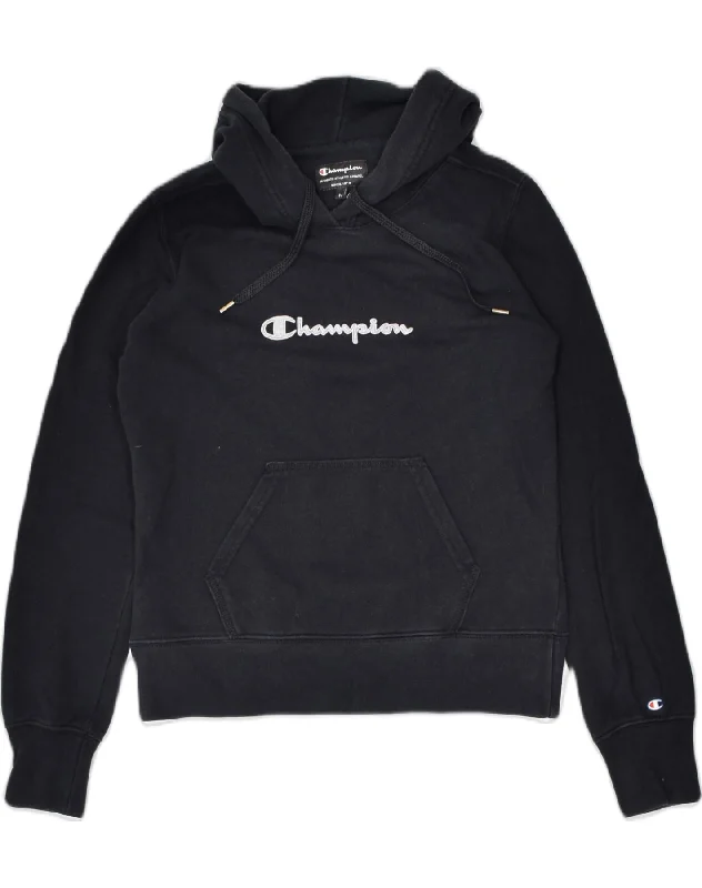 CHAMPION Womens Graphic Hoodie Jumper UK 12 Medium Black Cotton