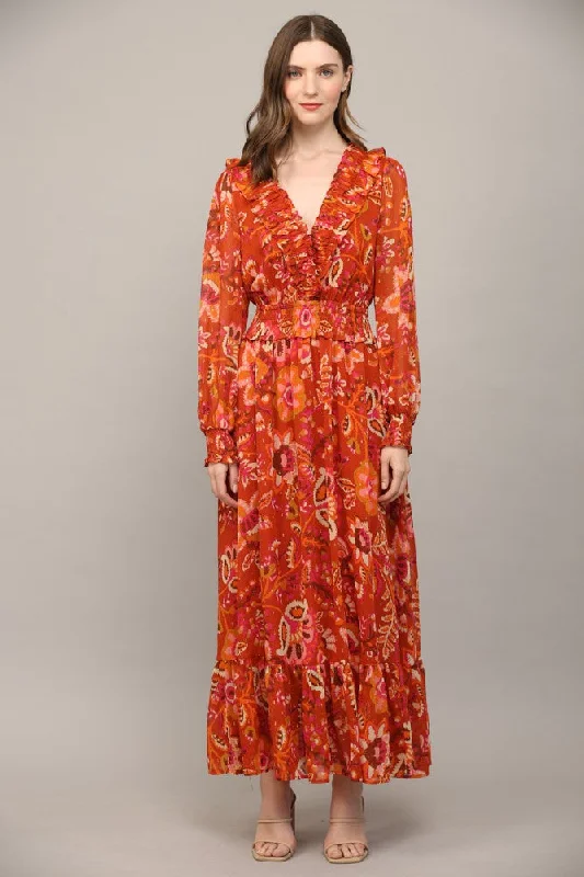 PRINT WITH LUREX CHIFFON RUFFLE DETAI MAXI DRESS in rust