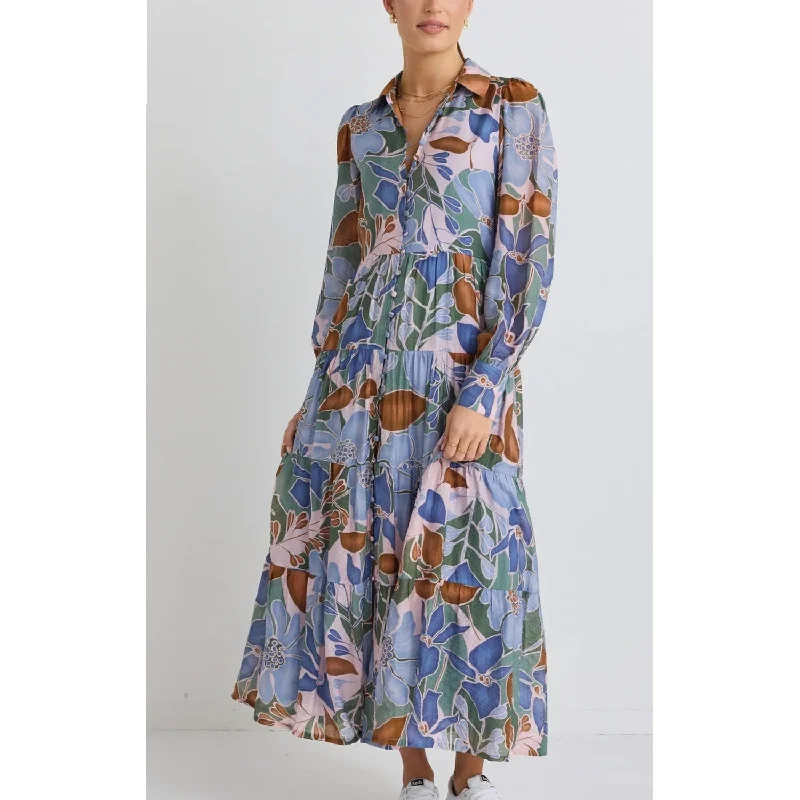 Dress Adair Tiered Shirt Maxi - Khaki Floral