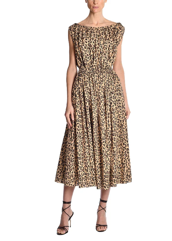 Shirred Elastic Waist Dress In Printed Poplin