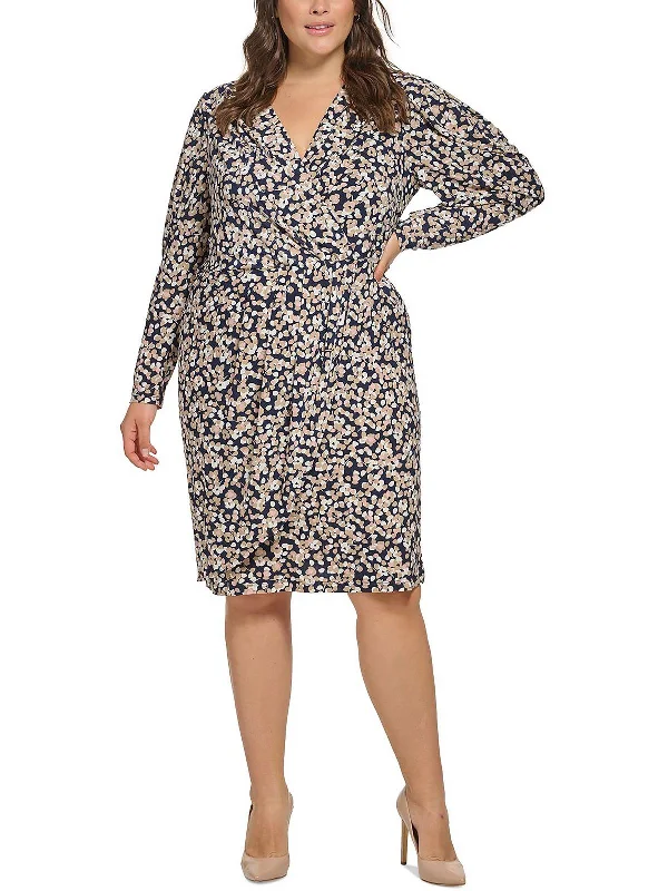 Plus Womens Printed Surplice Sheath Dress