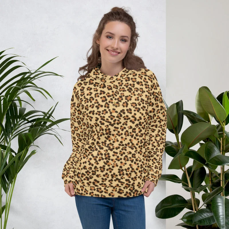 Brown Leopard Women's Hoodies, Animal Print Unisex Sweatshirt Pullover- Made in EU