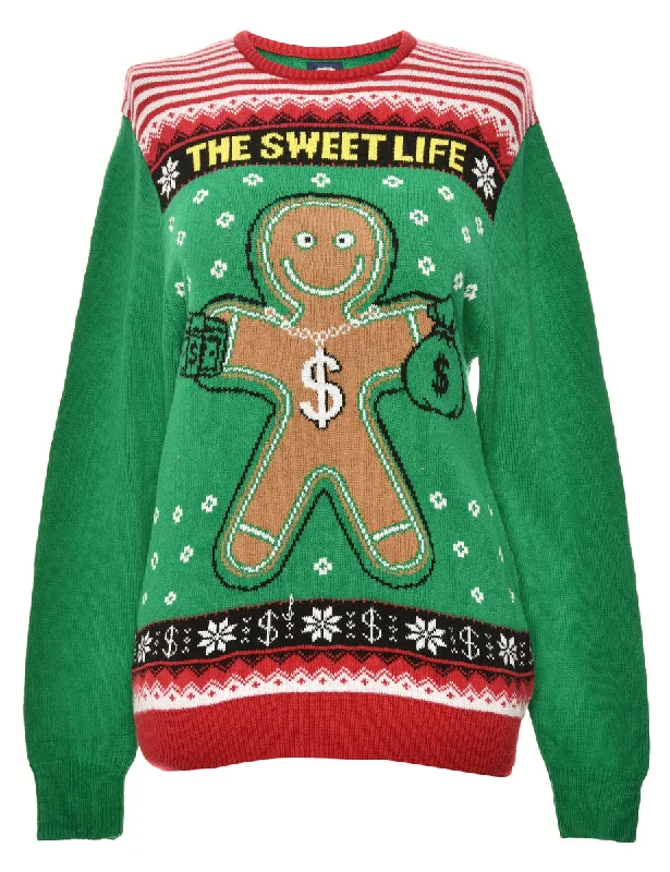 Green Gingerbread Christmas Jumper - M