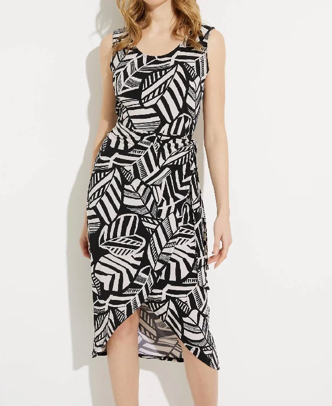 Palm Print Sleeveless Dress In Black/moonstone