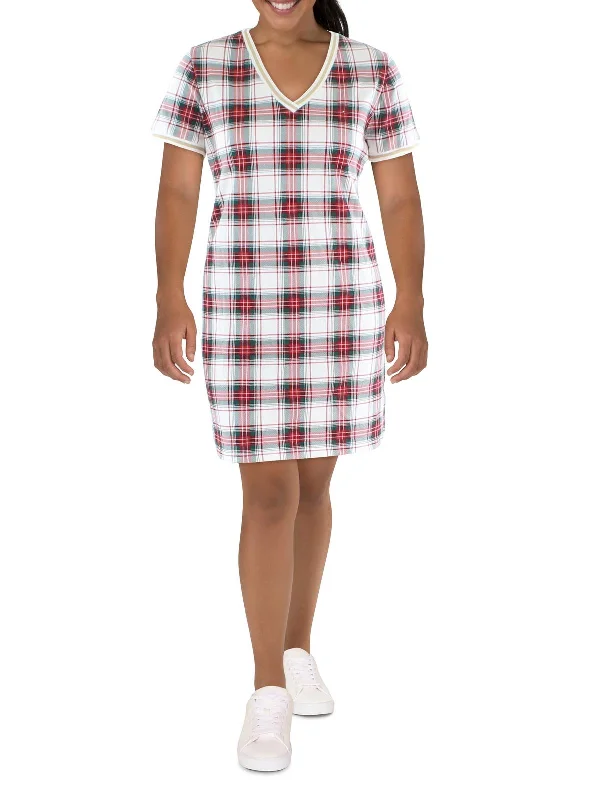 Womens Metallic Trim Plaid T-Shirt Dress