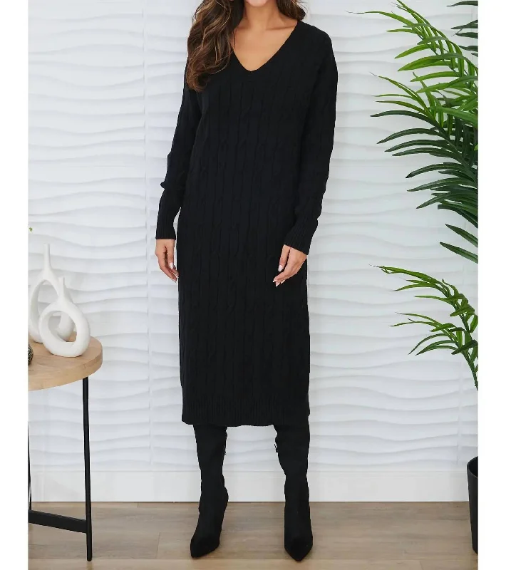 V-Neck Cable Knit Sweater Dress In Black